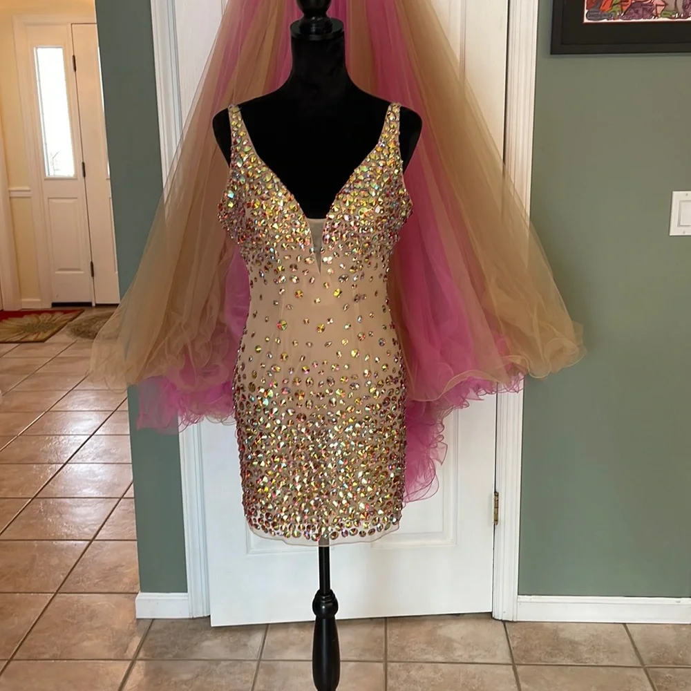 Sherri Hill Nude Pink short cocktail with detachable tulle skirt. - Picture 11 of 17